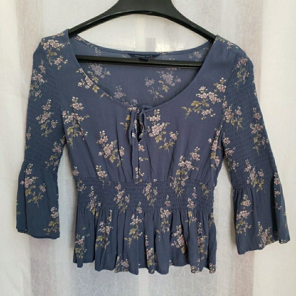 American Eagle Peasant Crop Top Elastic Smocking Floral Blue Semi Sheer Women XS